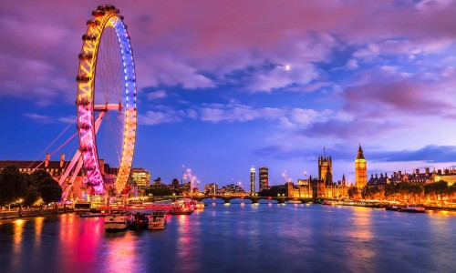 London at twilight. London eye, County Hall, Westminster Bridge, Big Ben and Houses of Parliament.UK